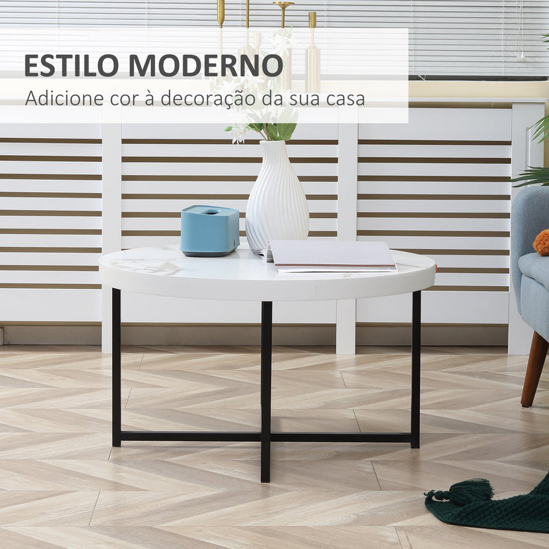 mesa de Centro Mesa de Sala de Estar Redonda com Bancada Similar ao Mármore e Estrutura de Metal para Escritório Estilo Moderno 80x80x45cm Branco e Preto