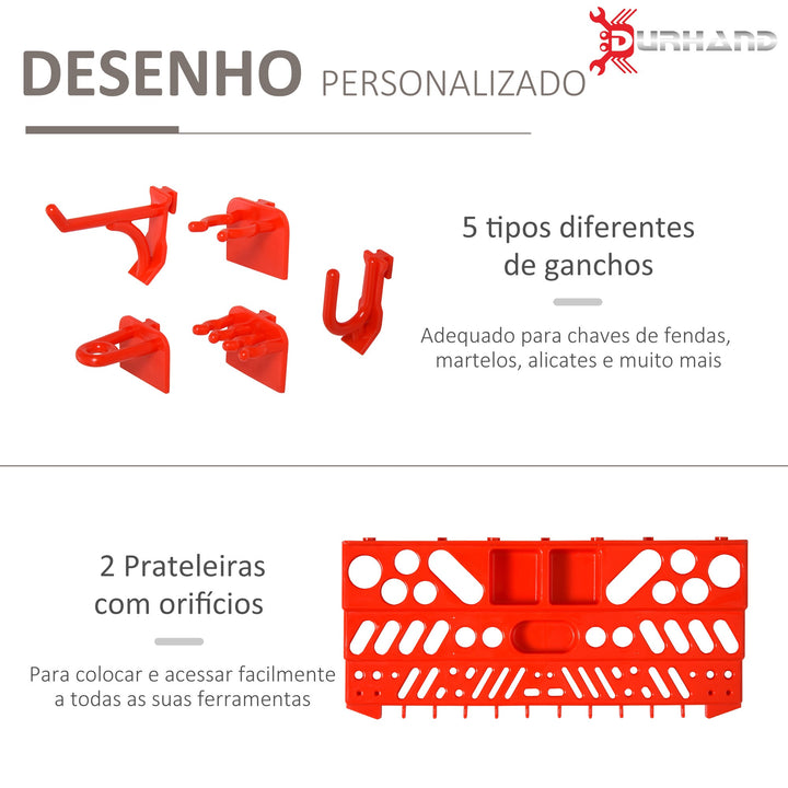 Estante de Parede com Sistema de Armazenamento 95,5x23x53,5cm Suporte para Ferramentas com 54 Peças 50 Ganchos para Oficina Garagens Vermelho e Cinza