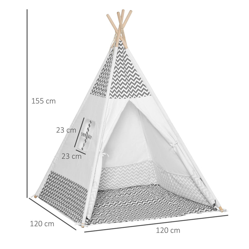 Tenda Tipi para Crianças acima de 3 Anos Tenda Infantil de Madeira Portátil com Janela Almofada e Bolsa de Transporte para Interiores e Exteriores 120x120x155cm Cinza