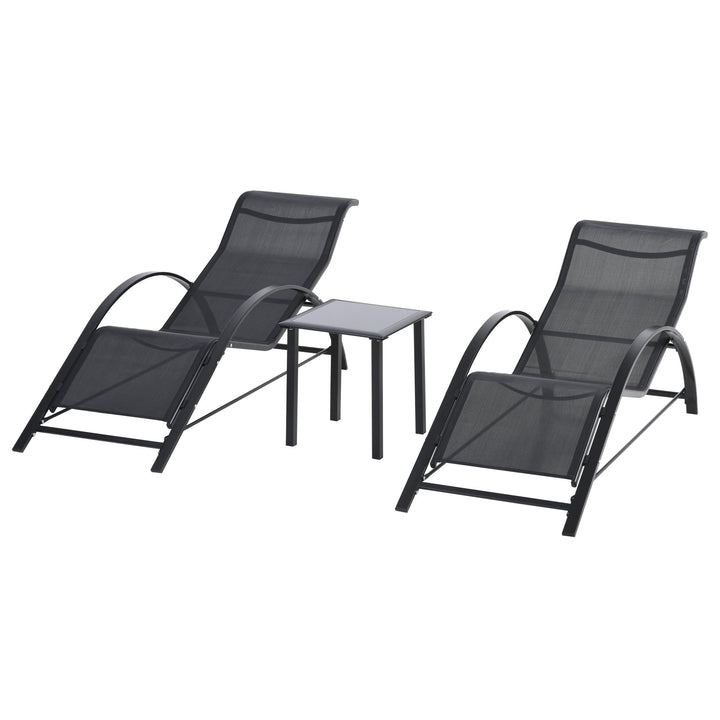 2 Espreguiçadeiras de Jardim 59x169x66 cm com Mesa 41x41x45 cm Vidro Temperado Apoio de Braços para Pátio Piscina varanda Exterior Preto