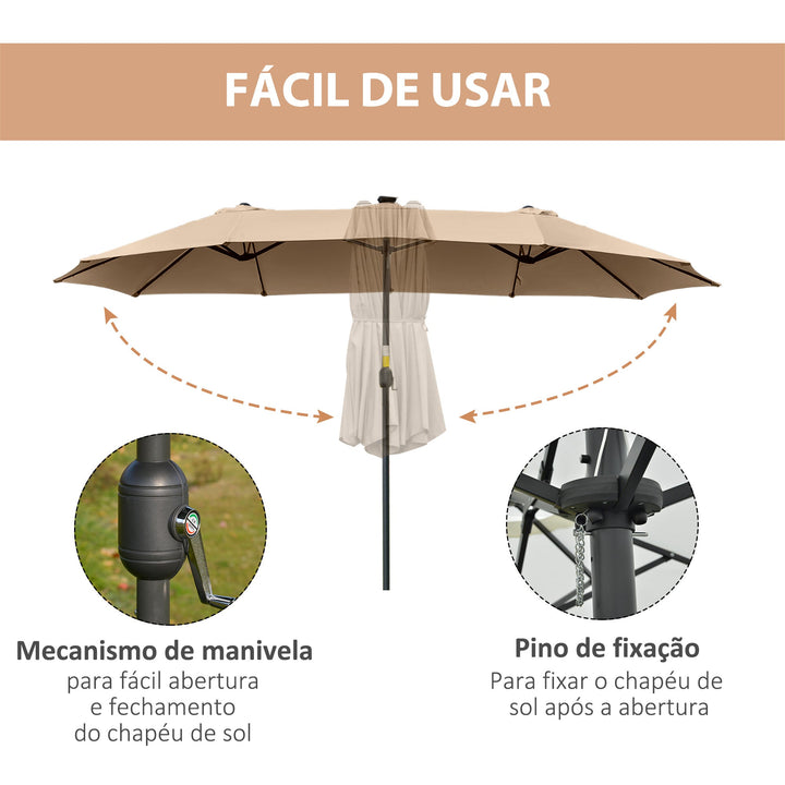 Chapéu de Sol Duplo de Jardim com 48 Luzes LED Solar 450x265x240cm Chapéu de Sol de Exterior com Manivela Proteção Solar para Terraço Balcão Piscina Cáqui