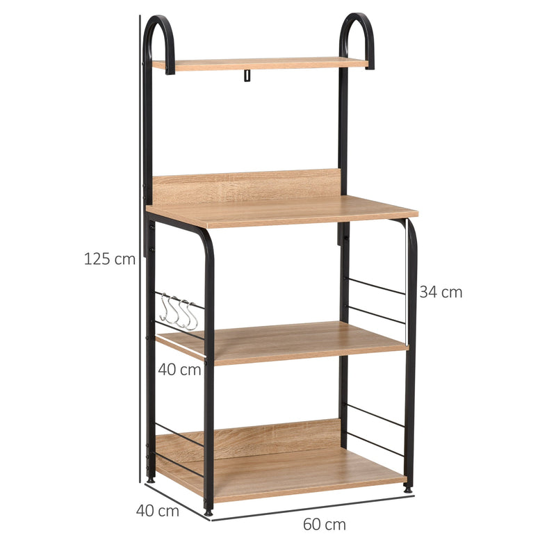 Estante de Cozinha para Microondas com 4 Níveis Ganchos e Pés Ajustáveis Estante de Armazenamento 60x40x125cm Madeira Natural