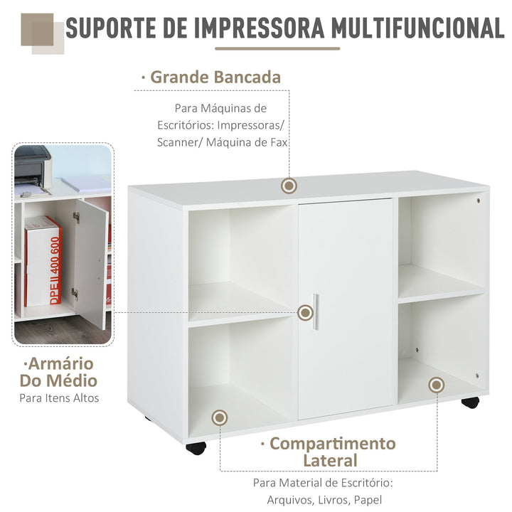 Armário para Escritório de Impressora com Espaço de Armazenamento e Rodas 100x 40 x 71 cm Branco