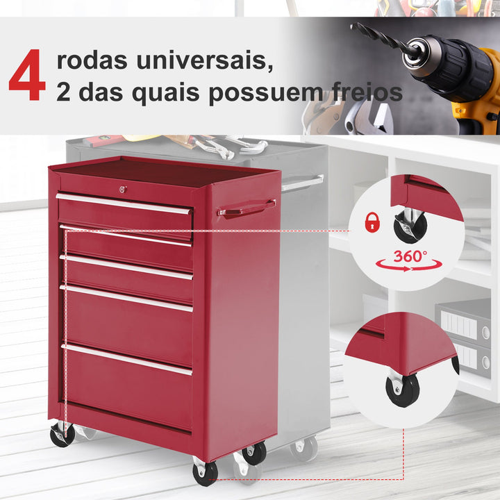 Carrinho de ferramentas com 5 Gavetas e 4 rodas Aço Vermelho 61,5x33x85cm