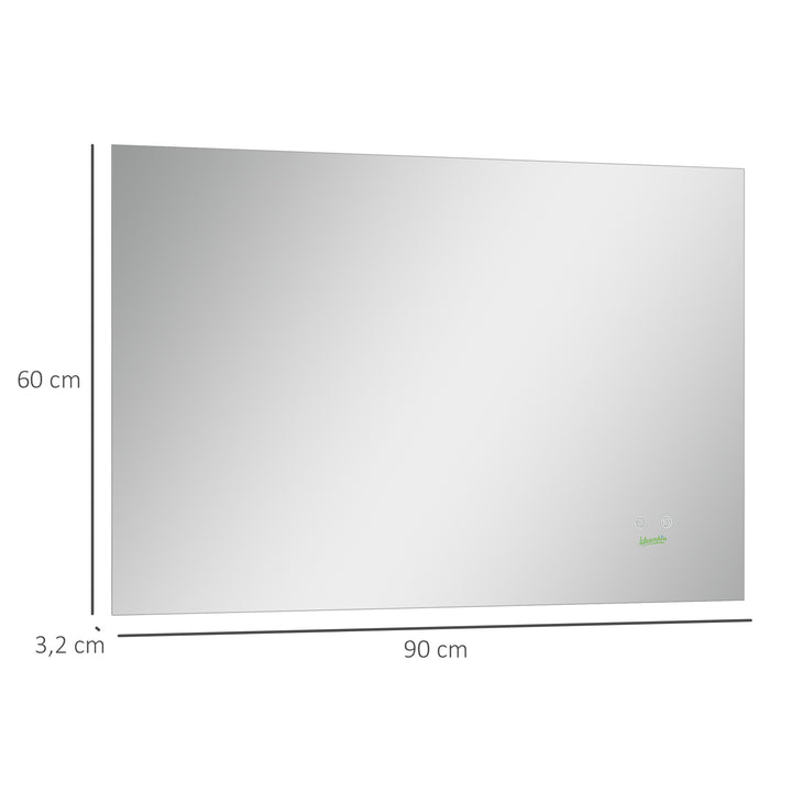 Espelho de Casa de Banho com Luz LED Espelho de Parede Anti-Embaciamento 90x60cm com Interruptor Tátil 3 Luzes Ajustáveis Função de Memória e Estrutura de Alumínio Suspensão Vertical ou Horizontal Prata