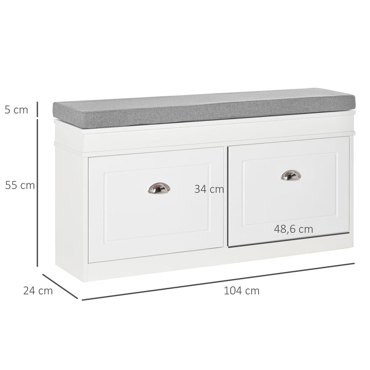 Banco Sapateiro com Armazenamento para 8 Pares de Sapatos com 2 Gavetas Prateleiras Ajustáveis e Almofada Acolchoada para Entrada Corredor 104x24x55cm Branco