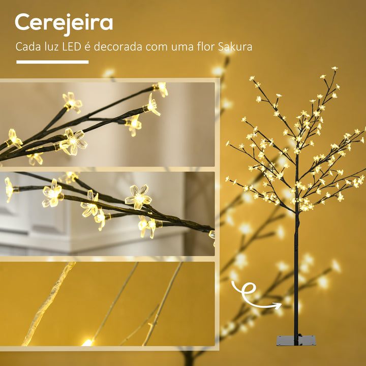 Árvore de Cerejeira com 120 Luzes LED IP44 Branco Quente Candeeiro Decorativo de Flor de Cereja com Ramos Flexíveis para Sala de Estar Festas Interiores 17x17x120cm Preto