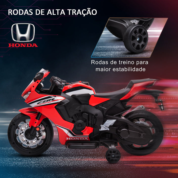 Mota Elétrica com Licença HONDA para Crianças de 3-5 Anos Mota a Bateria 6V com Farol Buzina Música e Rodas Auxiliares Removíveis Carga Máxima 30kg 90x44x52cm Vermelho