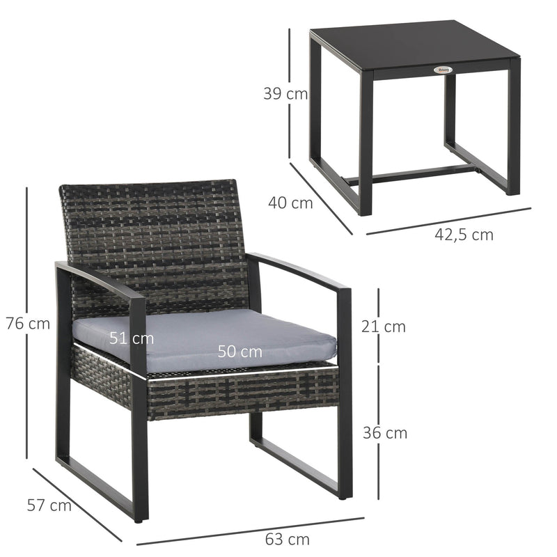 Conjunto de Móveis de Jardim de vime 3 Peças com 1 Mesa 42,5x40x39 cm 2 Poltronas 63x57x76 cm Almofada Acolchoada para Pátio Varanda Cinza