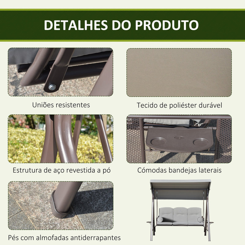 Banco Baloiço de Jardim de 3 Lugares com Teto 2 Almofadas Suporte para Bebidas e Estrutura de Metal para Terraço Balcão Exterior Carga Máxima 360kg 206x116x183cm Cinza