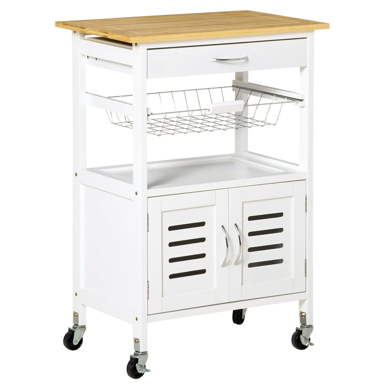 Carrinho de Cozinha com Rodas Carro de Armazenamento Multiúso com Bancada de Bambu Gaveta Cesta Metálica e Armário de 2 Portas de Persiana 58x37x83cm Branco