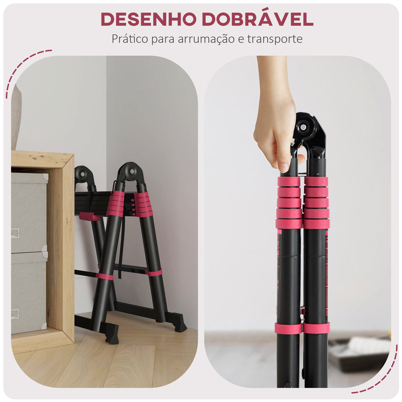 Escada de Alumínio Dobrável 2 Formas de Utilização Retrátil e Portátil Escada Telescópica com 12 Degraus Pés Antiderrapantes Carga 150 kg 67,5x11x379 cm Preto e Vermelho