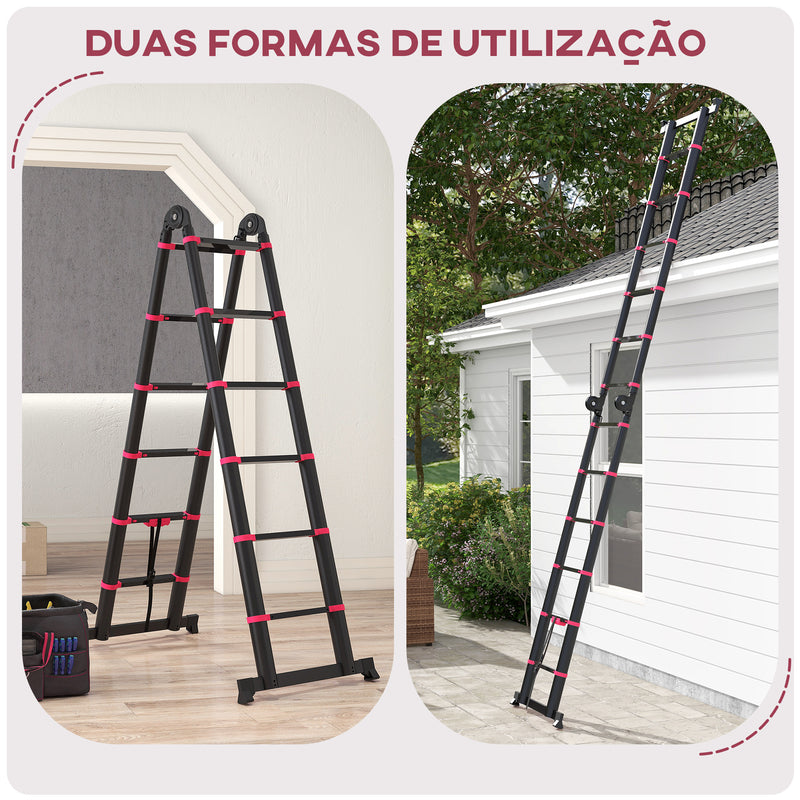 Escada de Alumínio Dobrável 2 Formas de Utilização Retrátil e Portátil Escada Telescópica com 12 Degraus Pés Antiderrapantes Carga 150 kg 67,5x11x379 cm Preto e Vermelho