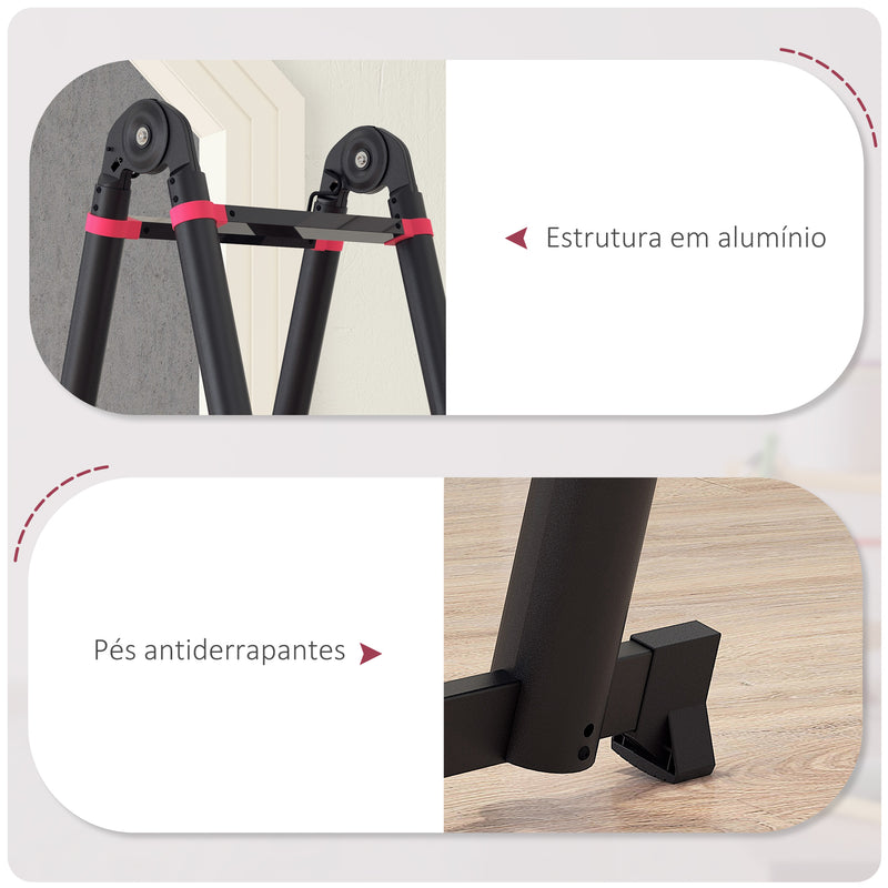 Escada de Alumínio Dobrável 2 Formas de Utilização Retrátil e Portátil Escada Telescópica com 12 Degraus Pés Antiderrapantes Carga 150 kg 67,5x11x379 cm Preto e Vermelho