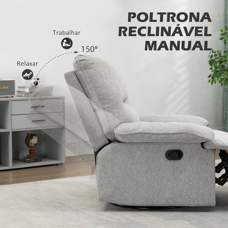 Poltrona Reclinável de Sala de Estar Poltrona Relax Reclinável Manual Estofado em Tecido com Apoio para os Pés Carga 160 kg para Pessoas entre 150-190 cm 89x98x101 cm Cinza