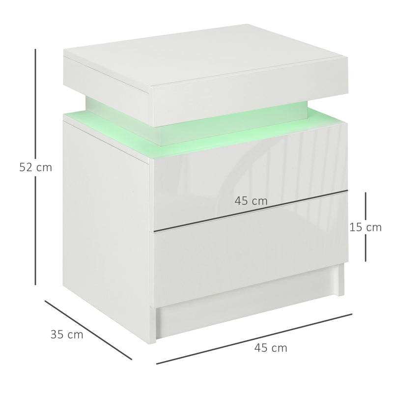 Mesa de Cabeceira com Luz LED Mesa de Cabeceira com Painel de Alto Brilho 2 Gavetas e Controlo Remoto para Sala de Estar Dormitório 45x35x52 cm Branco