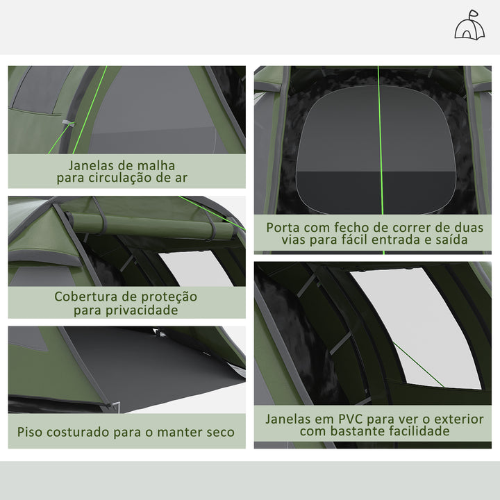 Tenda de Campismo para 3-4 Pessoas Impermeável PU2000 mm com Proteção UV30+ Janelas e Bolsa de Transporte 475x264x172 cm Verde