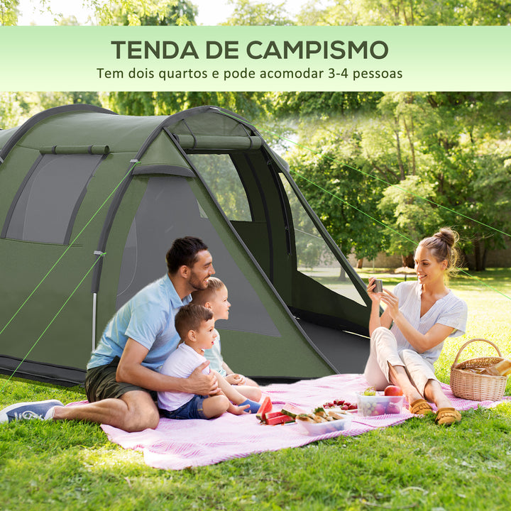 Tenda de Campismo para 3-4 Pessoas Impermeável PU2000 mm com Proteção UV30+ Janelas e Bolsa de Transporte 475x264x172 cm Verde