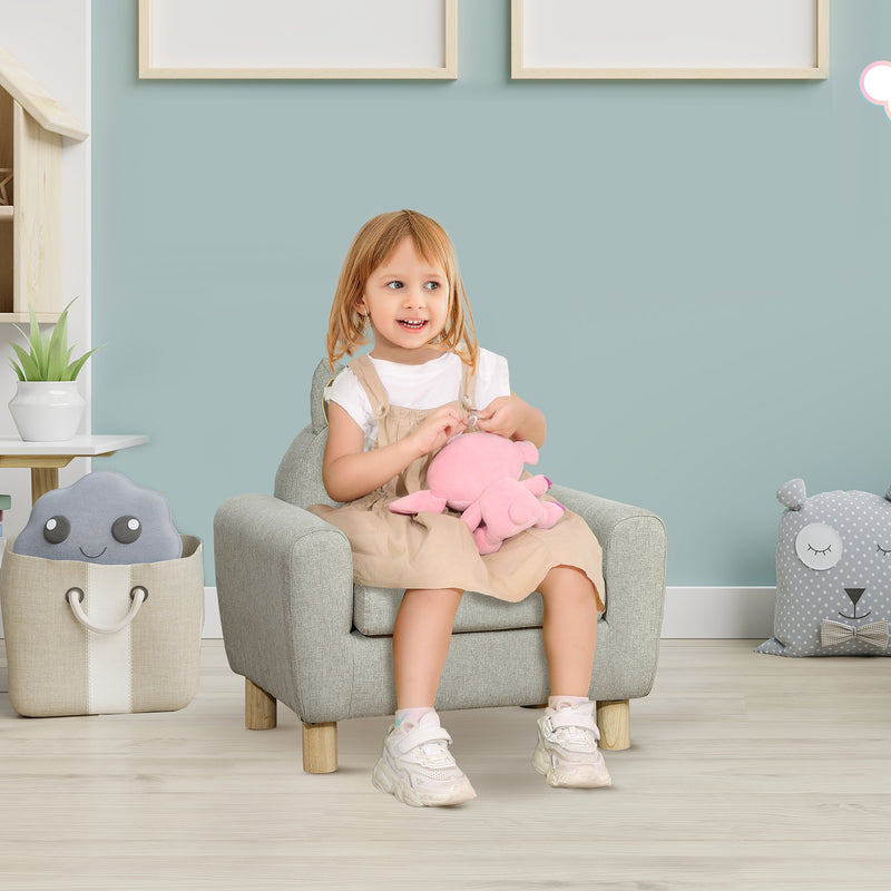 Poltrona Infantil Mini Sofá para Crianças acima de 3 Anos com Assento Acolchoado Apoio para os Braços e Estrutura de Madeira Carga Máxima 45kg 60x42x50cm Cinza