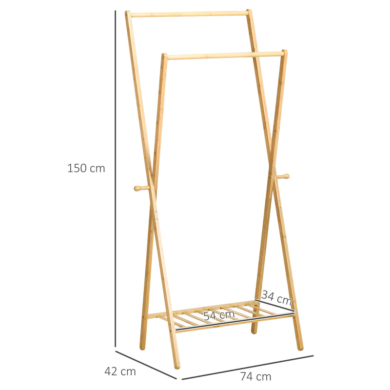 Suporte para Cabides de Bambu Porta Cabides com Prateleira para Sapatos 2 Barras e 2 Ganchos para Corredor Entrada Dormitório 74x42x150 cm Madeira