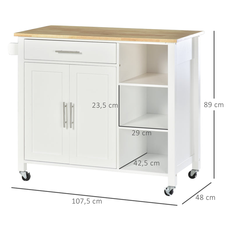 Carrinho de Cozinha com Rodas Móvel Auxiliar de Cozinha com 1 Gaveta 2 Portas 3 Prateleiras Abertas e Barra Lateral para Sala de Jantar 107,5x48x89cm Branco