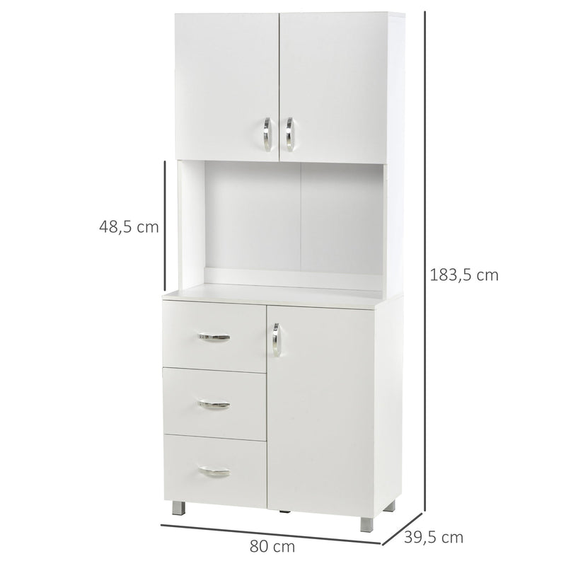 Armário de Armazenamento de Cozinha Armário Alto com 3 Gavetas 3 Portas e Prateleiras Interiores Ajustáveis móvel Auxiliar para Sala de Jantar Sala de Estar 80x39,5x183,5cm Branco