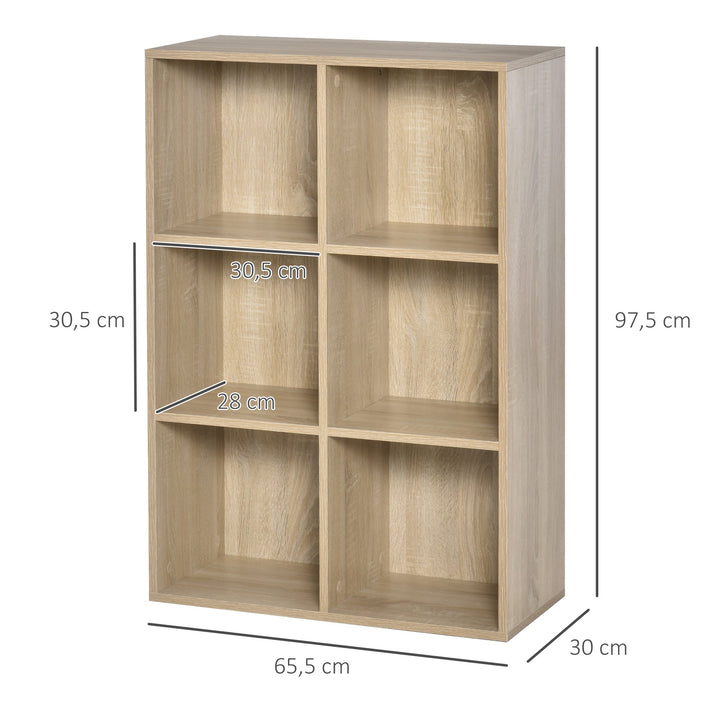 Estante para Livros Estante de Madeira de 3 Níveis com 6 Compartimentos de Armazenamento para Sala de Estar Dormitório Escritório 65,5x30x97,5cm Carvalho