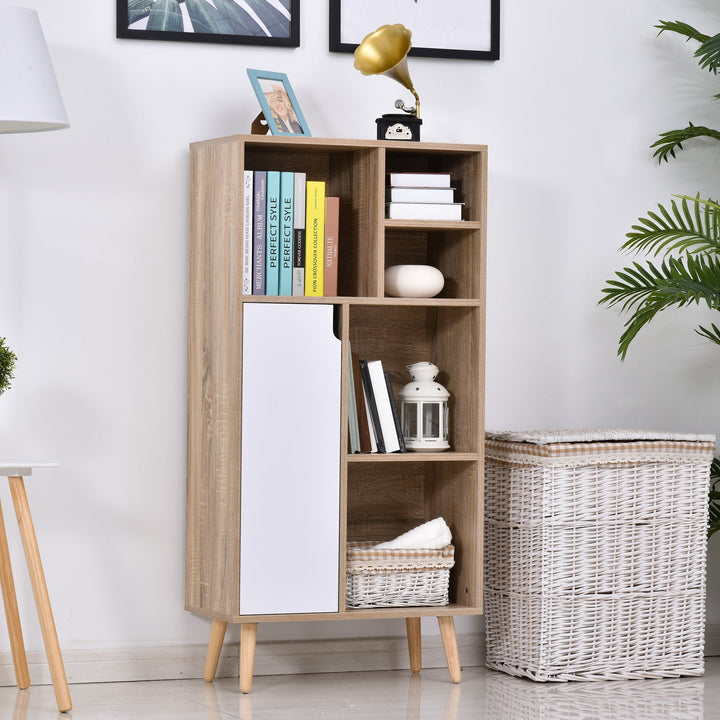 Móvel Aparador Alto Armário Auxiliar de Sala de Estar com 5 Compartimentos e 1 Porta Multiuso para Sala de Jantar Cozinha Dormitório 60x30x121cm Carvalho e Branco