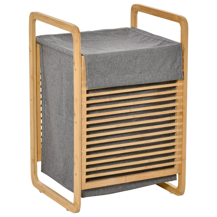 Cesto para Roupa Suja de Bambú Portátil com Tampa e Bolsa Removível Móvel de Casa de Banho 40x35,5x60,5cm Cor Natural e Cinza