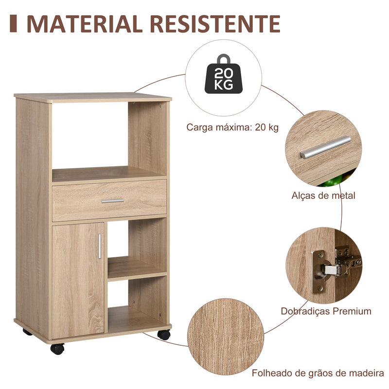 Carrinho de Cozinha para Microondas com 4 Rodas e Freios Gaveta Prateleiras abertas Compartimento com porta 60x40x108 cm Carvalho