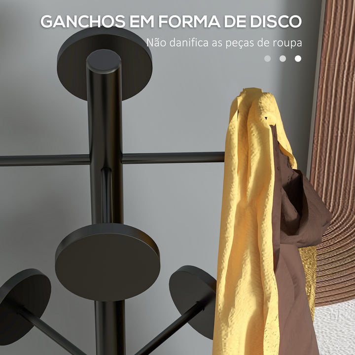 Cabide de Pé com Suporte para Guarda Chuvas Cabide de Pé para Roupas de Metal com 12 Ganchos para Pendurar Bolsas Cabide de Pé para Corredor Entrada Dormitório Ø34x177 cm Preto