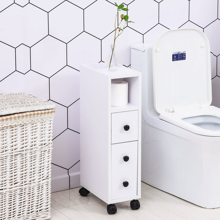 Armário de Casa de Banho Móvel Auxiliar para Espaço Reduzido com Rodas Prateleiras Abertas Armário e Gaveta 18x30x68,5cm Branco