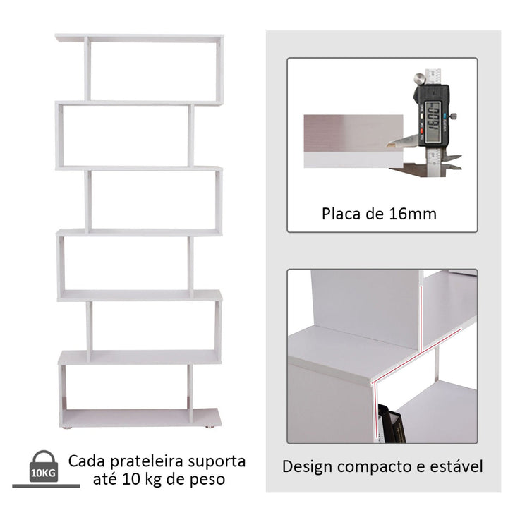 Estante Moderna em forma de S tipo Biblioteca de 6 Prateleiras- Madeira– Cor: Branco- 80 x 25 x 192 cm