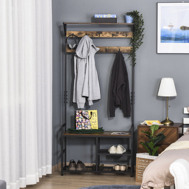 Cabide com estante de sapatos Cabide de entrada com 3 prateleiras 9 ganchos Pernas ajustáveis ??de estilo industrial 84x34,5x180 cm Preto e marrom