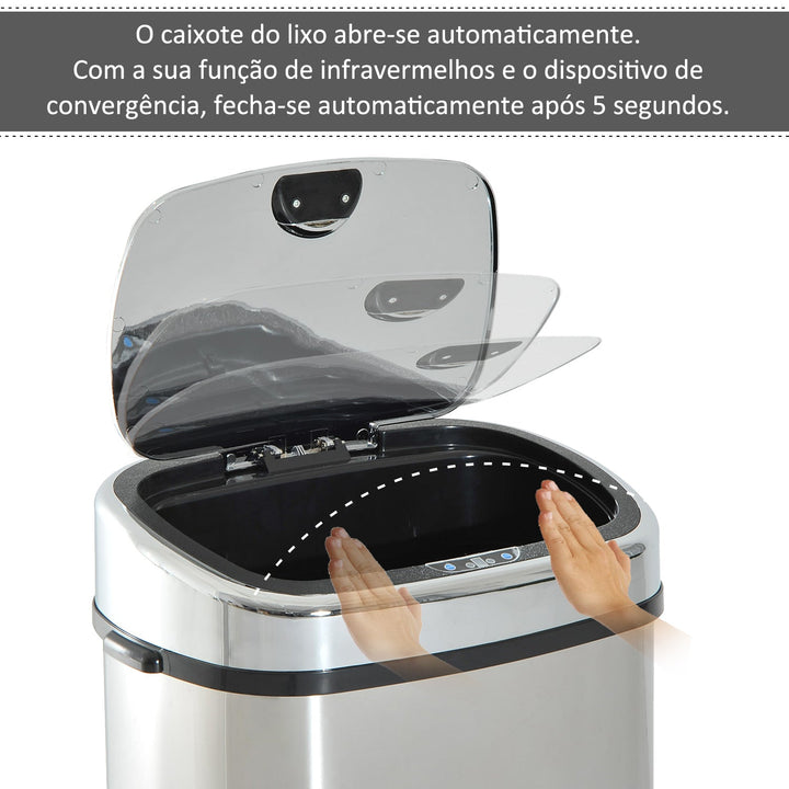 Balde de Lixo Inteligente de Aço Inoxidável 68L com Sensor Infravermelho de Abertura Automática e Contato Manual para Cozinha Dormitório Casa de banho 40,5x29,578cm Prata