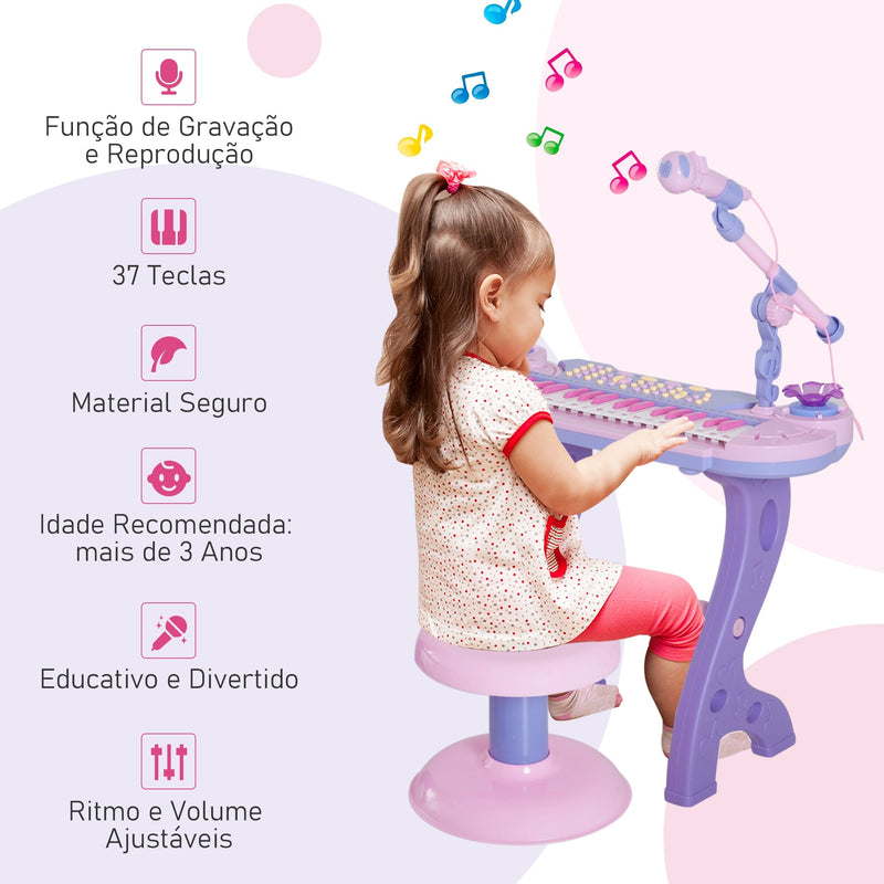 Piano Infantil Musical Microfone E Banquinho Função Gravação Cor Rosa Pilha