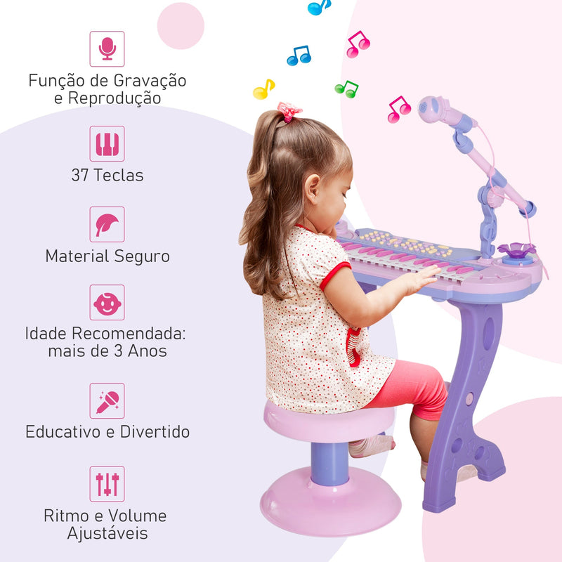 Órgão Electrónico Piano Infantil com Microfone Banquinho Luzes e 22 Canções cor Rosa