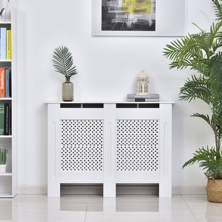 Cobertura de Radiador de Madeira com prateleira e painel decorativo elegante e moderno 111,5x19x82 cm Branco