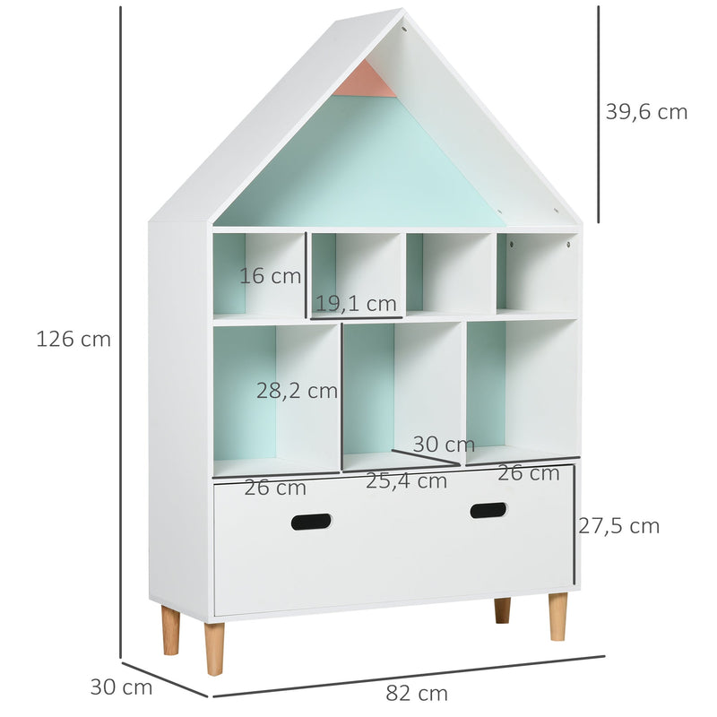 Estante de Madeira Infantil em Forma de Casa Estante para Crianças com 8 Compartimentos Abertos e Gaveta de 2 Cores 82x30x126cm Branco