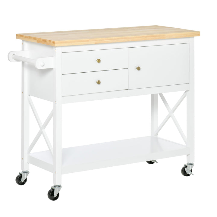 Carrinho de Cozinha com Rodas Aparador Multifuncional com Armário 2 Gavetas Prateleira e Barra para Panos 108x45x89cm Branco