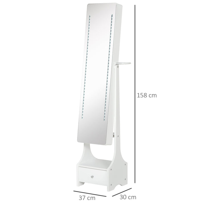 Joalheiro de Pé com Espelho Luz Armário para Jóias com Espelho de Corpo Inteiro 3 Ângulos Ajustáveis com Gaveta e Suporte para Secador 37x30x158cm Branco