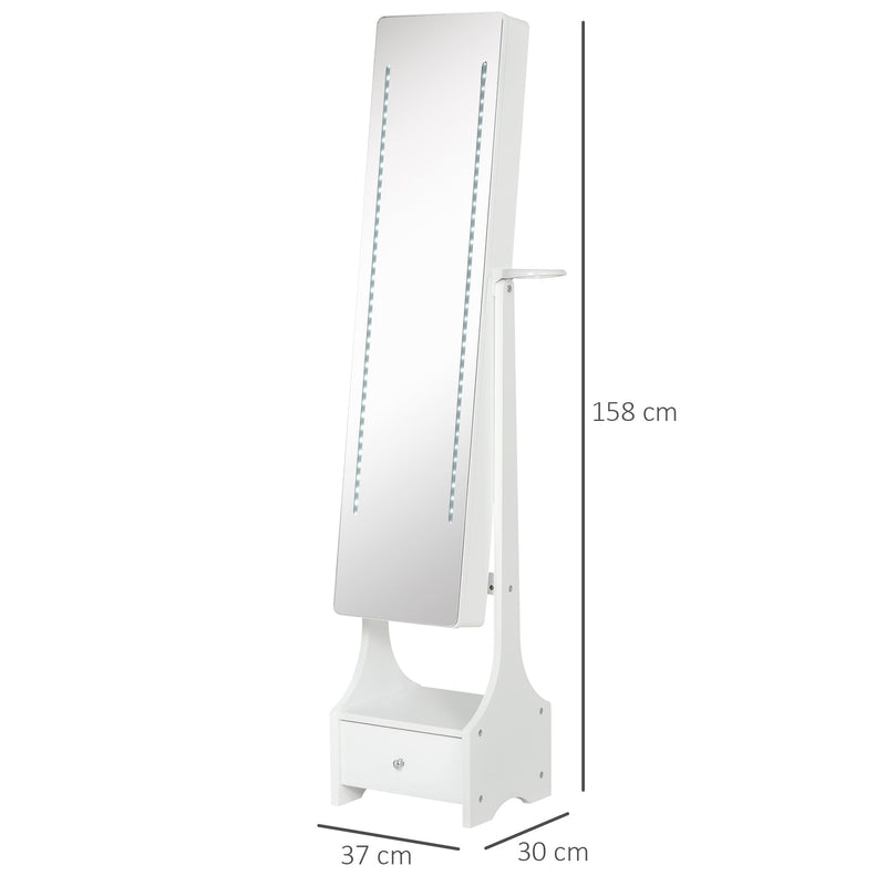 Joalheiro de Pé com Espelho Luz Armário para Jóias com Espelho de Corpo Inteiro 3 Ângulos Ajustáveis com Gaveta e Suporte para Secador 37x30x158cm Branco