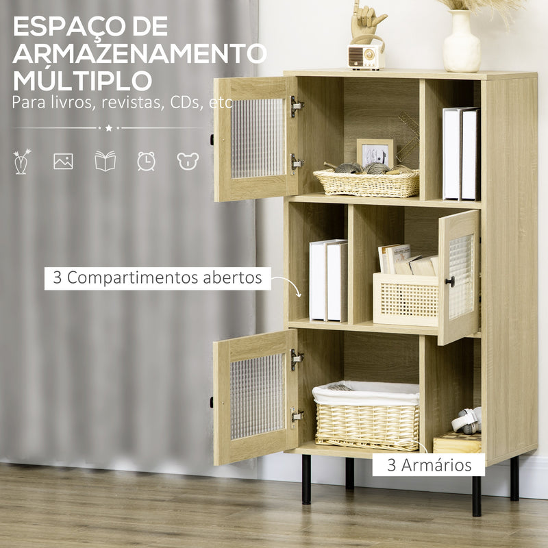 Estante para Livros Armário para Livros com 3 Portas de Vidro Armazenamentos Abertos e Pés de Aço para Sala de Estar Escritório Estúdio 60x40x120cm Madeira