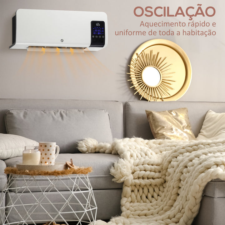 Aquecedor Elétrico de Parede 1000W/2000W Aquecedor com Ecrã LED Controlo Remoto Termostato Temporizador para Áreas de 15-20 m² 54,5x12x21,5 cm Branco