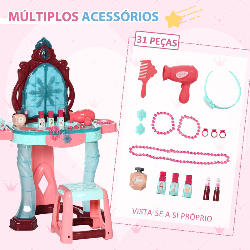 Toucador Infantil para Crianças acima de 3 Anos com Banco Espelho Luz Música e Secador Inclui 31 Acessórios Toucador de Maquilhagem 57x34x73cm Multicor