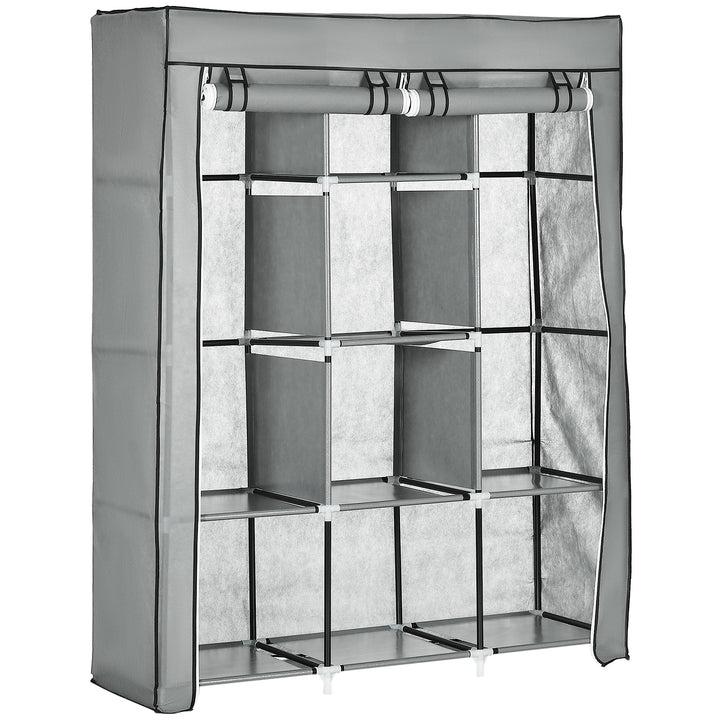 Roupeiro de Tecido Dobrável Armário Portátil com 8 Prateleiras de Armazenamento e 2 Barras de Pendurar Organizador de Roupa para Dormitório Vestidor 125x43x162,5cm Cinza Claro