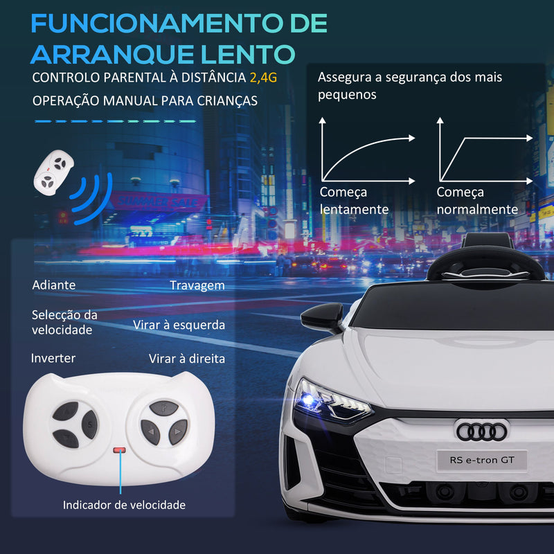 Carro Elétrico AUDI RS E-Tron GT para Crianças de 3-6 Anos Carro de Bateria 12V com 2 Motores Controlo Remoto Faróis LED Buzina Música USB e Abertura de Porta 3-5km/h 103x58x41cm Branco