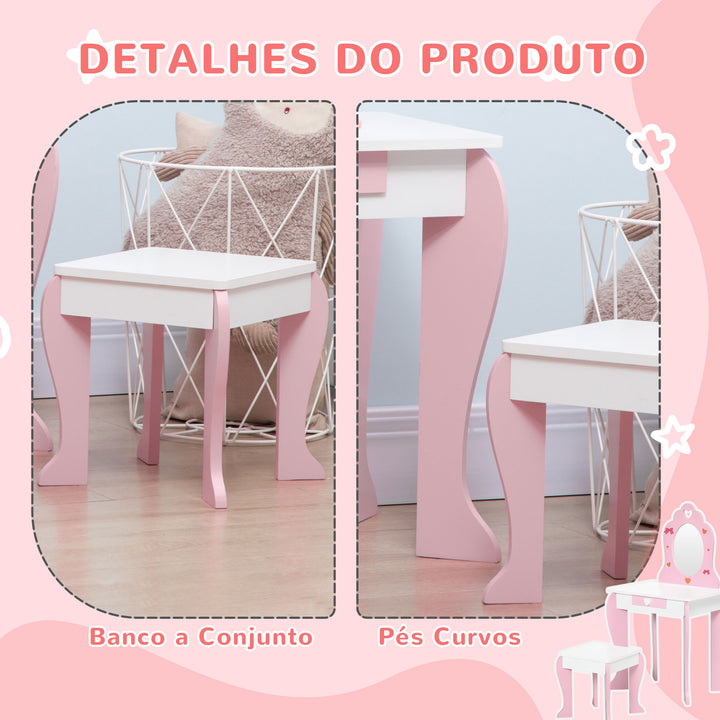 Toucador Infantil com Banco e Espelho Toucador Infantil de Madeira com Gaveta Mesa de Maquilhagem para Crianças entre 3-6 Anos 50x36,5x89,5cm Rosa