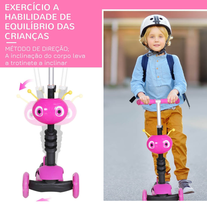 5 em 1 trotinete para crianças de acima de 1 ano 3 rodas trotinete com assento removível guiador ajustável 62x25x72,5 cm Rosa