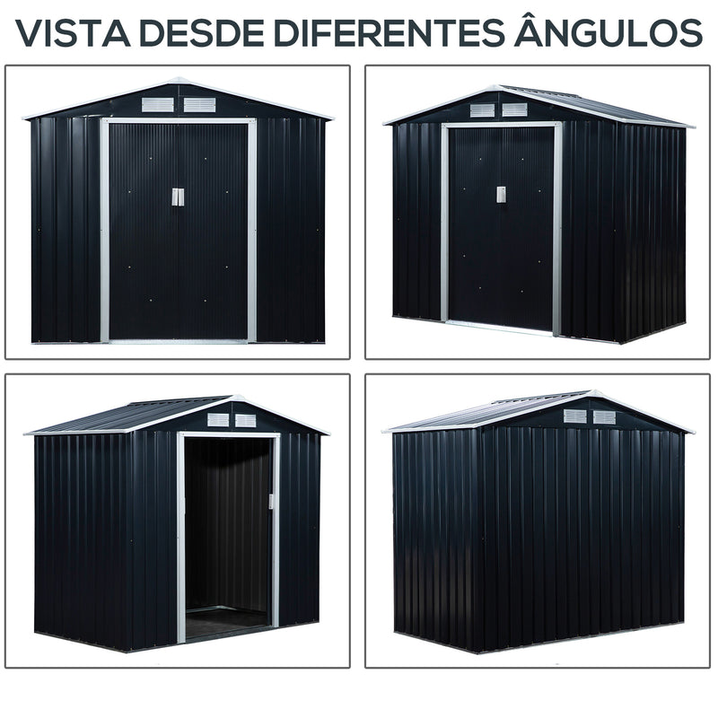 Abrigo de Jardim 213x130x185cm Abrigo de Jardim Metálico de Exterior para Armazenamento de Ferramentas com 2 Portas Deslizantes e 4 Janelas para Terraço Cinza Escuro